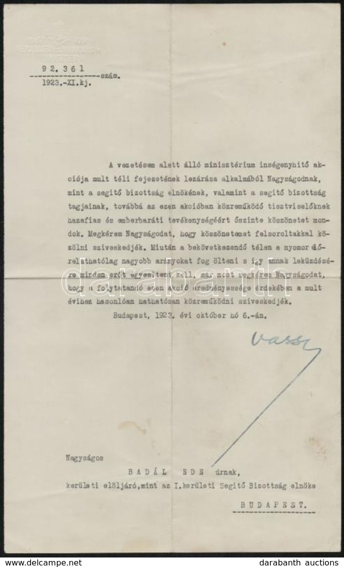 1923 Vass József (1877-1930) Népjóléti Miniszter (1922-1930, Bethlen-kormány) Gépelt Köszönő Levele A Nyomor Leküzdésébe - Non Classés