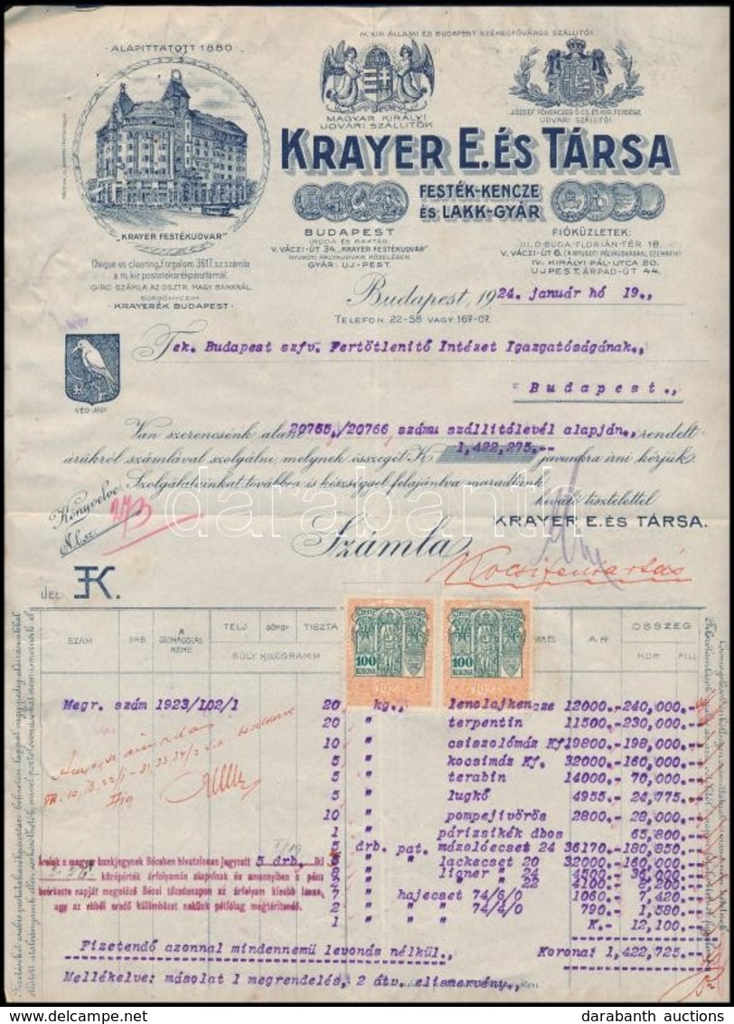 1924 Bp., Krayer E. és Társa Festék-kence és Lakk-gyárának Fejléces Számlája, 2 Db 100 Kr Okmánybélyeggel - Non Classés