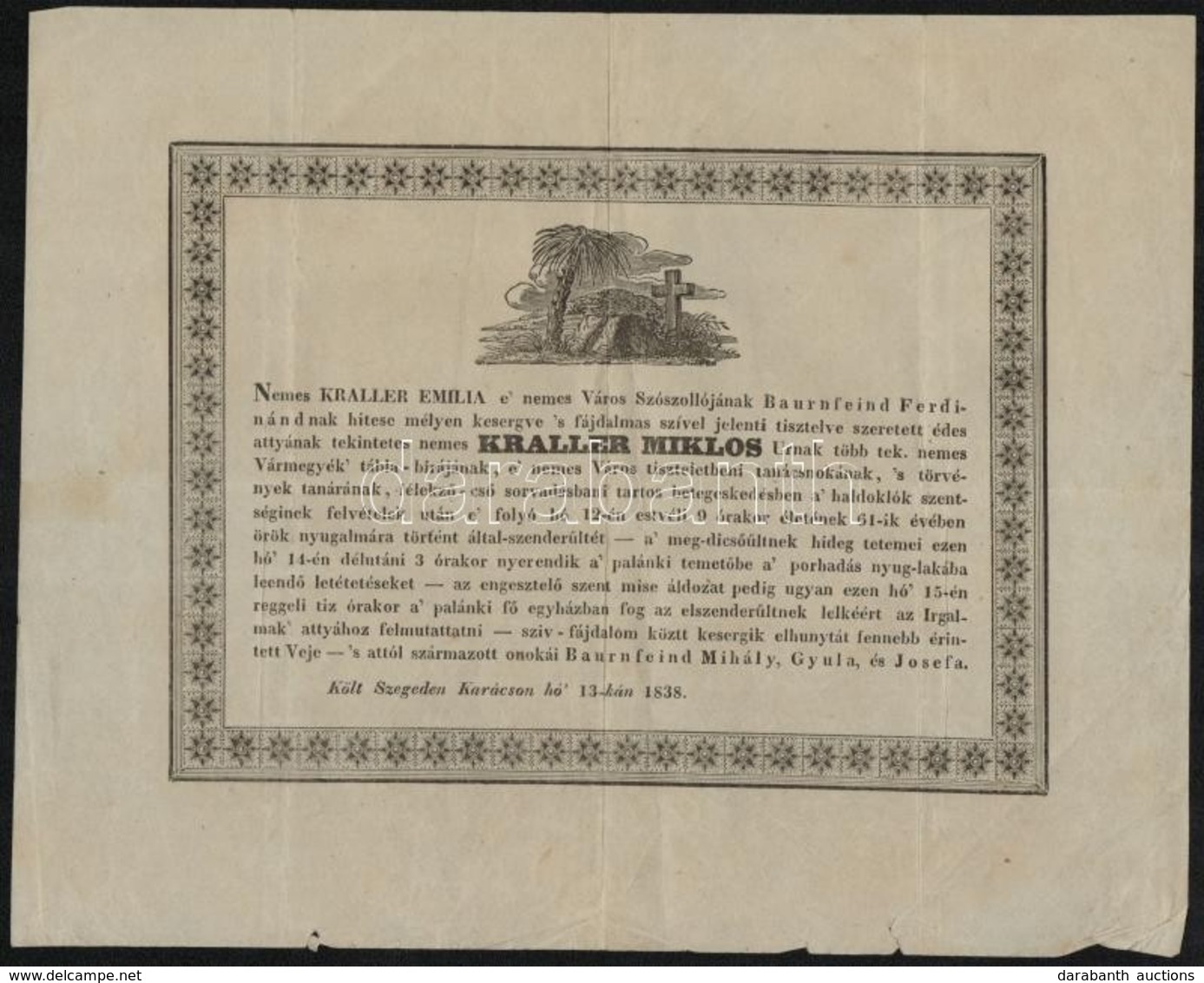 1838 Szeged, Kraller Miklós (1777-1831) Jogi Doktor és ügyvéd Halálozási értesítője - Non Classés