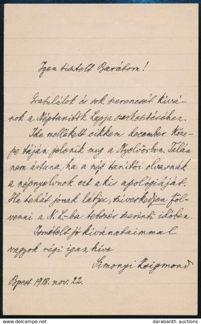 1918 Simonyi Zsigmond (1853-1919) Saját Kézzel írt Levele, Benne Gratulációja Zigány Zoltánnak (1864-1921) író, Pedagógu - Non Classés