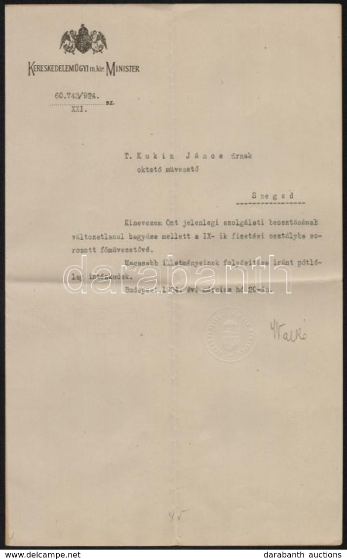 1924 Oktató Művezető Fizetésemelési értesítése, Walkó Lajos (1880-1954) Kereskedelemügyi Miniszter Aláírásával, A Minisz - Ohne Zuordnung
