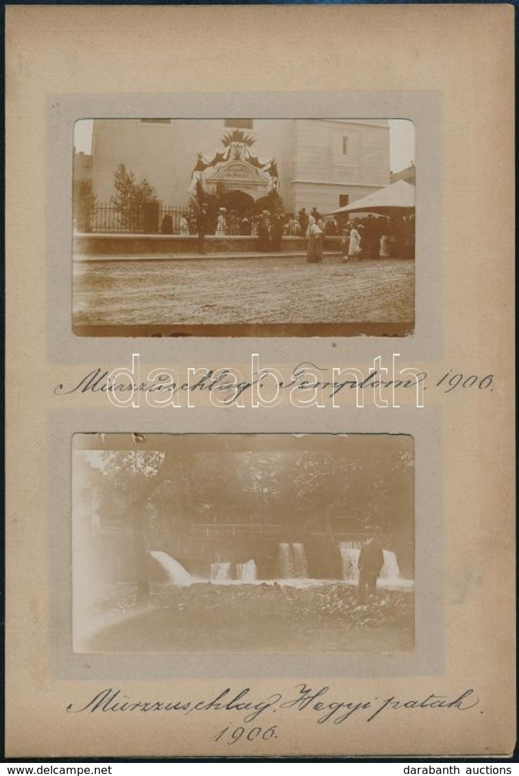 1906 Mürrzuschlag, Templom és Hegyi Patak, 2 Db Fotó Albumlapon, Feliratozva, 6×8,5 Cm /  Mürrzuschlag, Austria, 2 Photo - Altri & Non Classificati