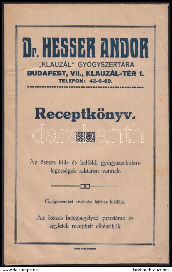 1920-1930 Dr. Hesser Andor 'Klauzál' Gyógyszertárának Receptkönyves Borítékja - Pubblicitari