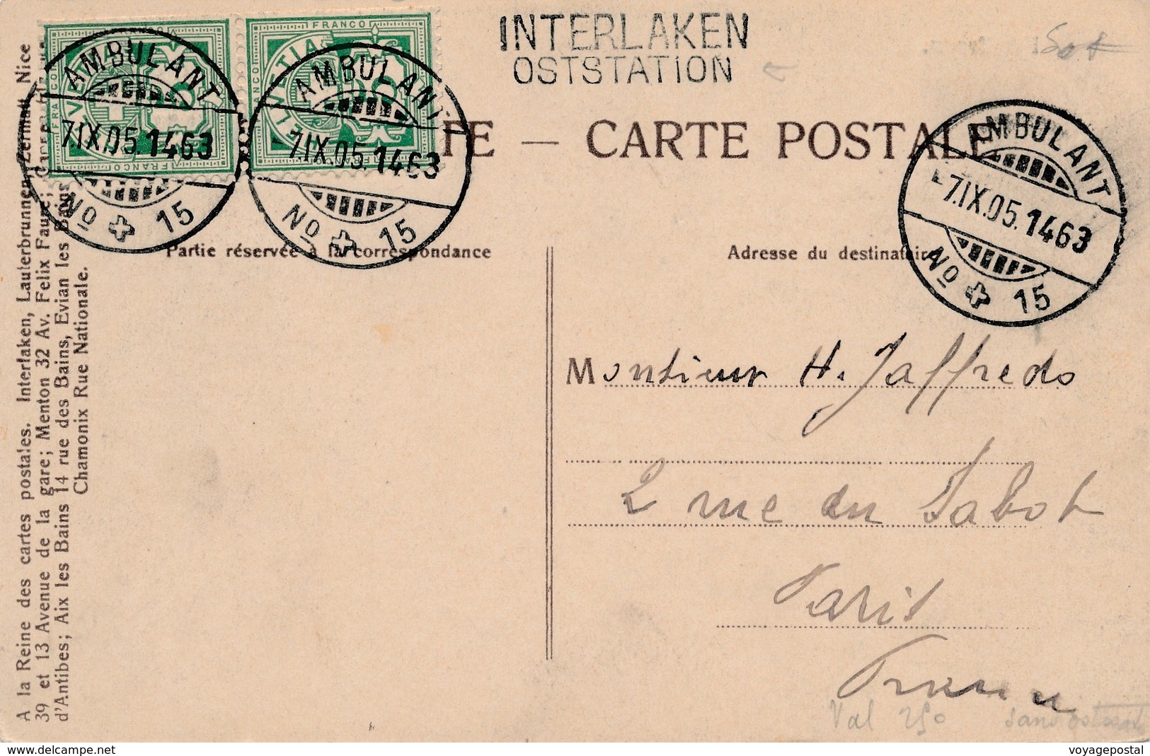 Carte Ambulant N°15 Interlaken Oststation Pour Paris - Railway