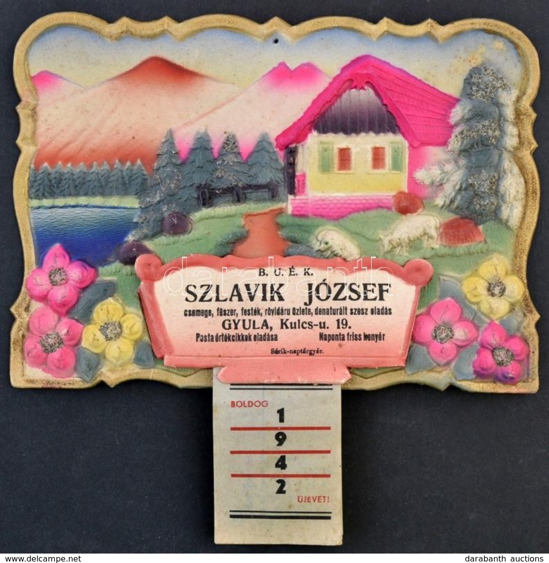 1942 Szlávik József Csemege, Fűszer, Festék Stb. Kereskedésének Dekoratív Naptára, 23×23 Cm - Pubblicitari