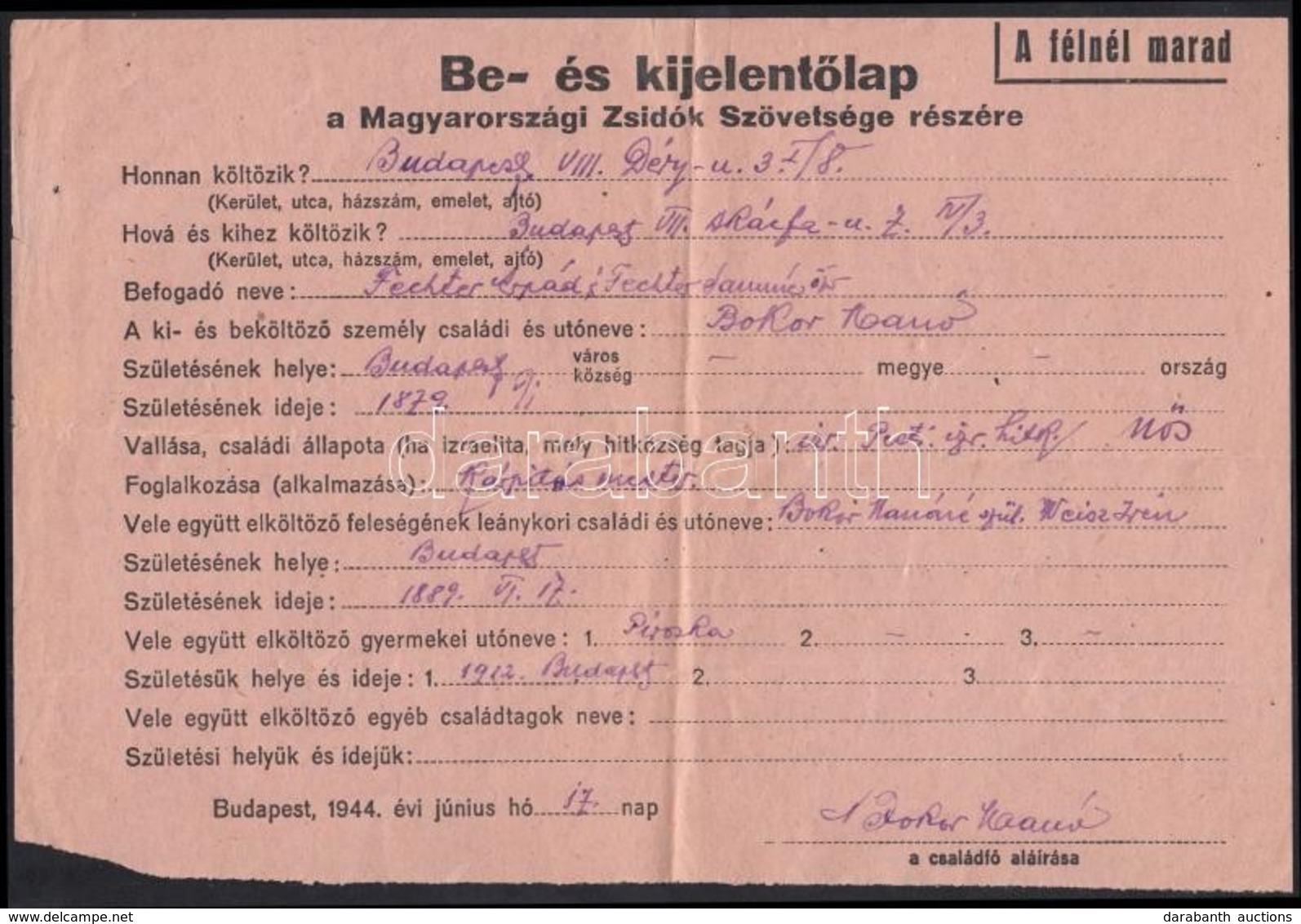 1944 Magyarországi Zsidók Szövetsége Be- és Kijelentőlap. - Other & Unclassified