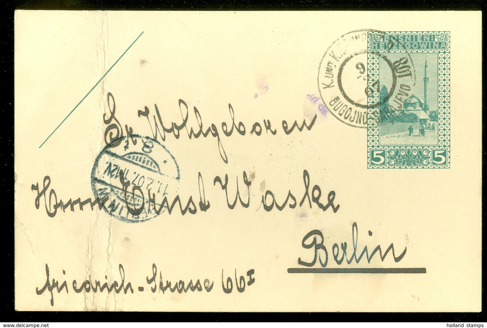 BOSNIEN: HERZEGOWINA 5 HELLER GELOPEN IN 1907 Van BUGOJNO Naar BERLIN  (11.452f) - Bosnien-Herzegowina