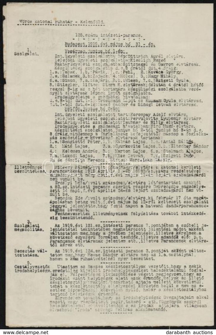 1919 Vörös Katonai Ruhatár Gépelt 125. Számú Intézeti Parancsa, 1919. Május. 31., Aláírások, Pecsét Nélkül, Hajtásnyomok - Non Classés