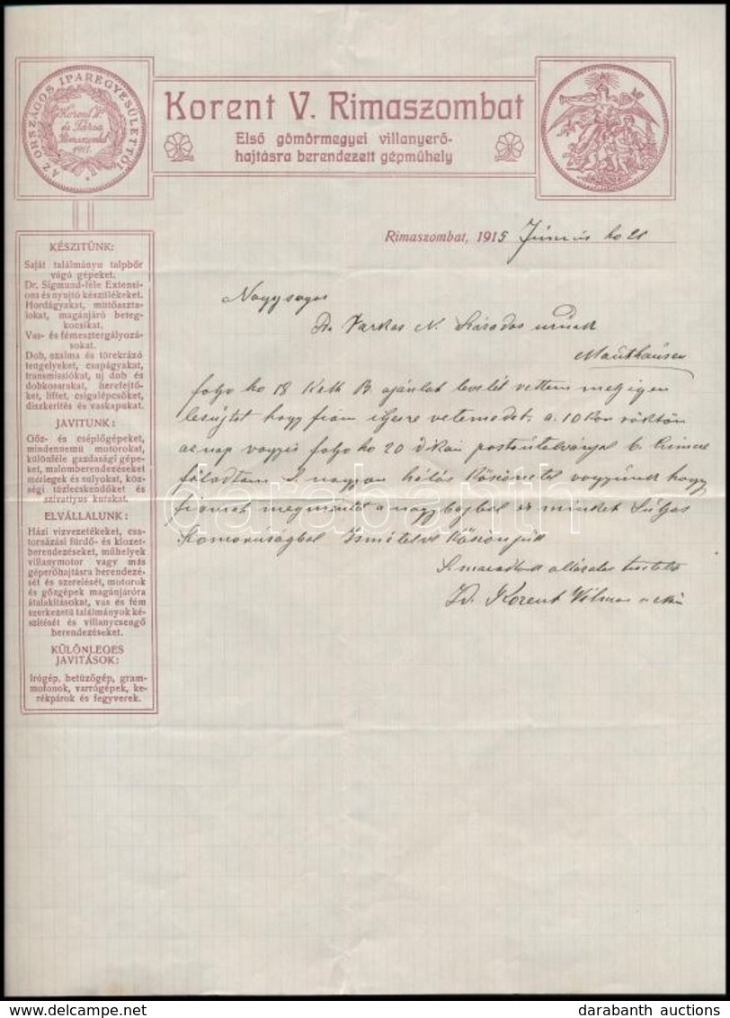 1915 Rimaszombat, Korent Vilmos Iparos (Korent V. Első Gömörmegyei Villanyerőhajtásra Berendezett Gépműhely) Levele Fark - Non Classés