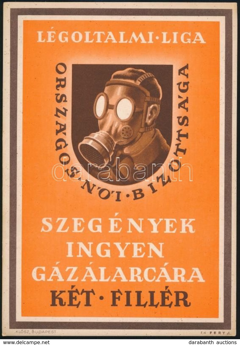 1942 A Légoltalmi Liga Gázálarc Propaganda Plakát, Klösz Budapest, 24×17 Cm - Non Classés