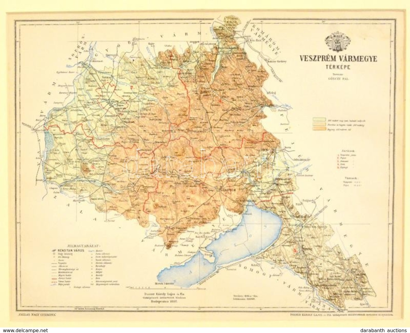 1897 Veszprém Megye Térképe, Tervezte: Gönczy Pál. Budapest Posner Károly Lajos és Fia. Méretarány: 1:430.000, Paszpartu - Autres & Non Classés
