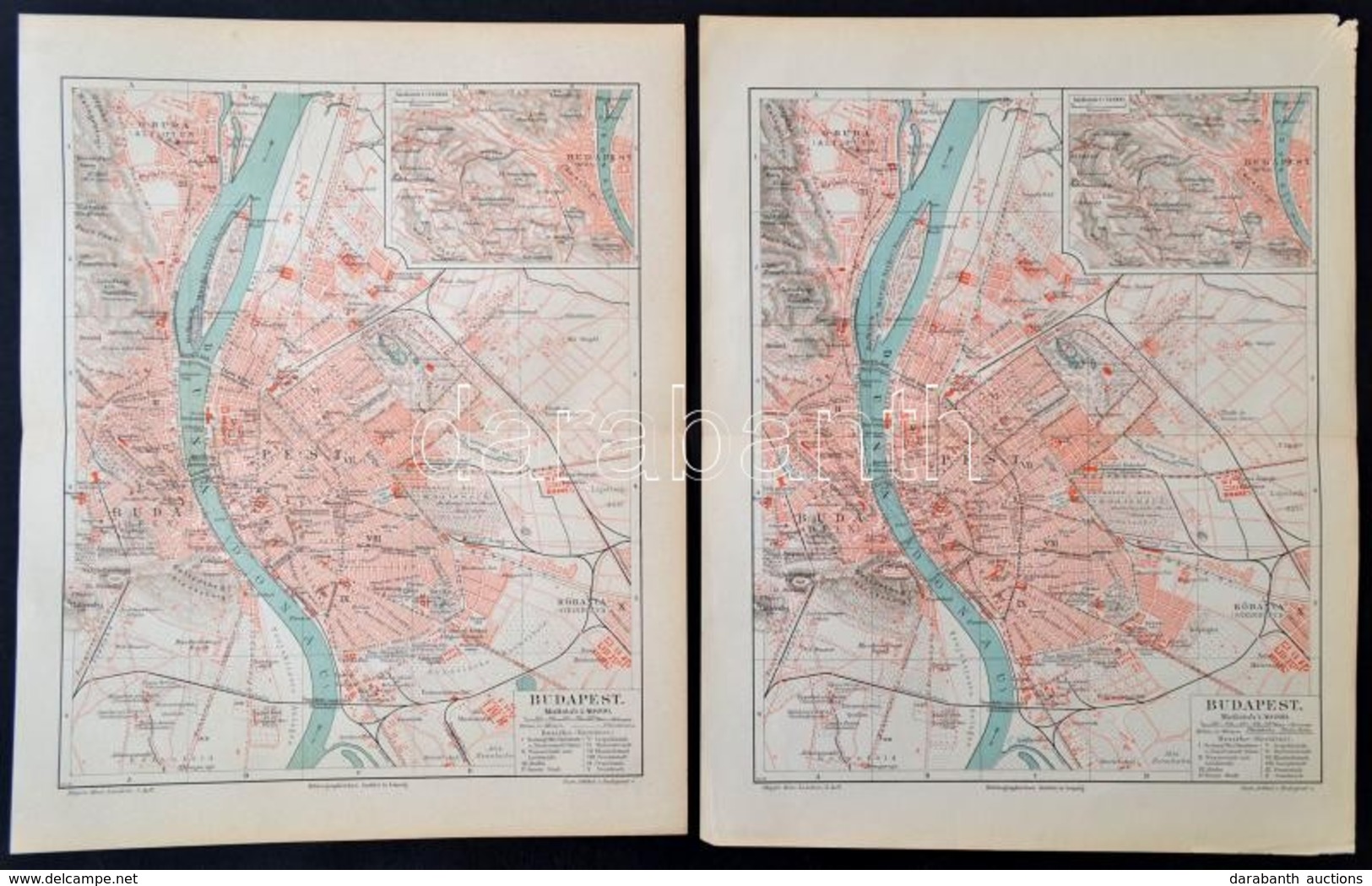 Cca 1893-1898 5 Db Budapest Térkép A Meyers Konv.-Lexikon-ból, Litográfiák, 3 Db Paszpartuban, 30x24 Cmx 5 Méretben - Altri & Non Classificati