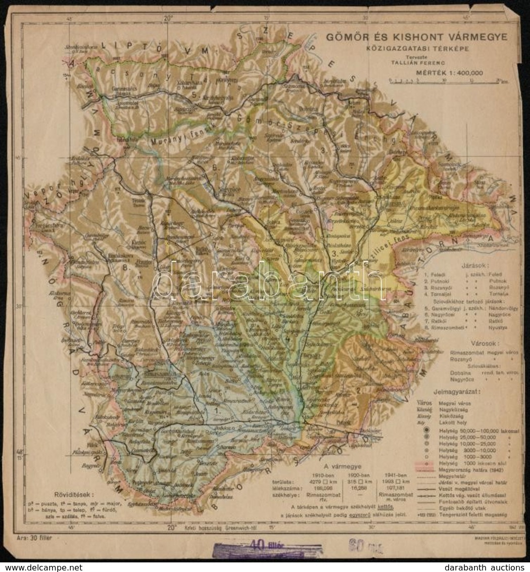 1942 Gömör és Kishont Vármegye Közigazgatási Térképe, Tervezte Tallián Ferenc, Kiadja: Magyar Földrajzi Intézet, Szakadá - Altri & Non Classificati
