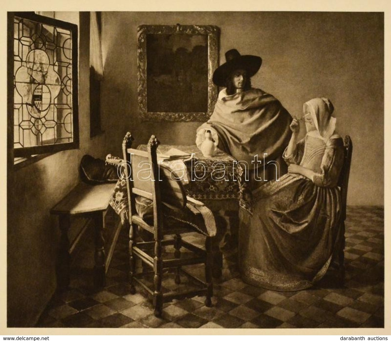 Cca 1900 Vermeer 'Férfi és Nő Bort Iszik' Című Művéről Készült Másolat, Heliogravűr, Papír, 50,5×38 Cm - Unclassified