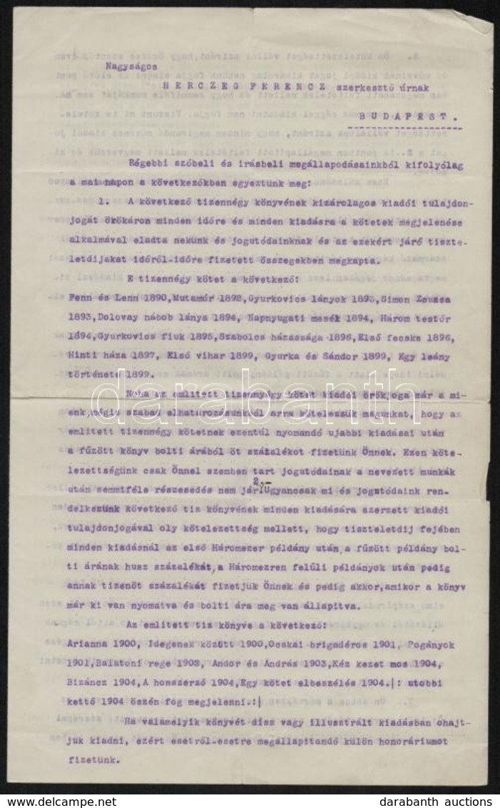 1904 Herczeg Ferenc (1863-1954) író, Szerkesztő és Singer és Wolfner Könyvkiadó Megállapodása Az író Műveinek Kiadásáról - Non Classés