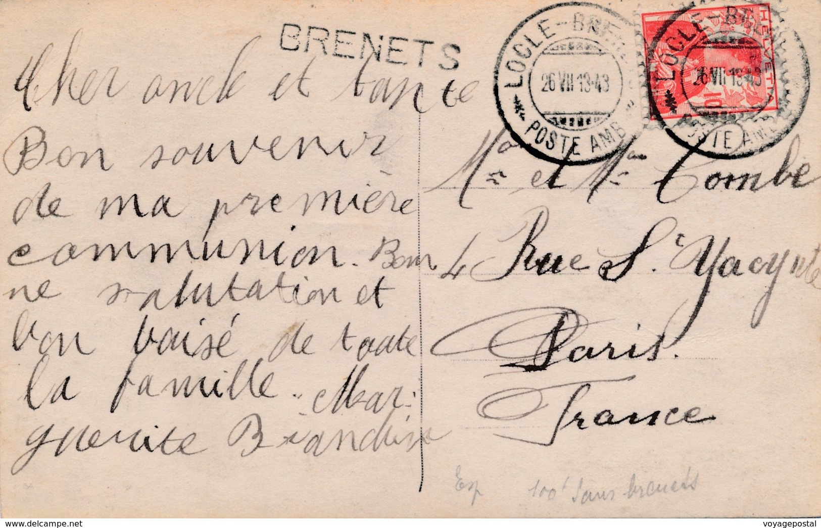 Carte Locle Brenets Poste AMB Griffe Brenets Pour Paris - Chemins De Fer