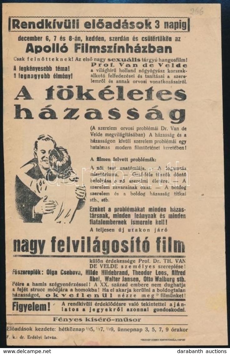 Cca 1920 A Tökéletes Házasság. Csak Felnőtteknek, Az Első Nagy Sexuális Tárgyú Hangosfilm Szórólap 15x24 Cm - Non Classés