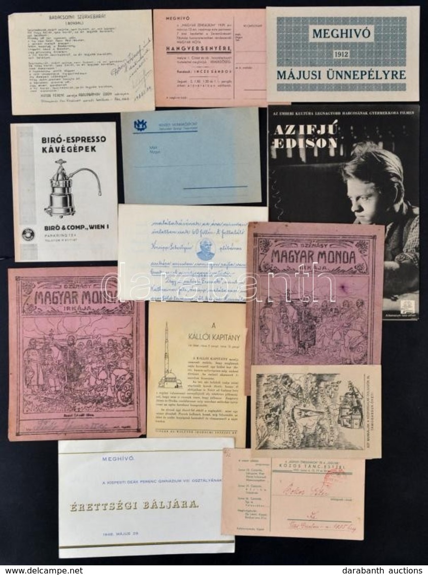 1912-1948 Vegyes Papírrégiség Tétel, 12 Db, Közte Reklámokkal, Meghívókkal, Közte A 'Kispesti Öregdiákok' és A 'Gólyák'  - Non Classificati