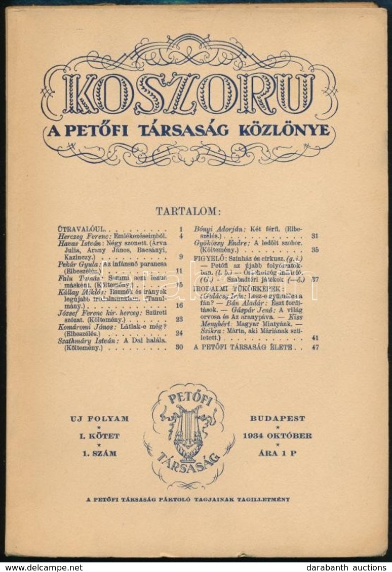 1934-1935 Koszorú. A Petőfi Társaság Közlönye. I. évf. 1-2. Sz.+4. Sz., 1934. Okt., 1935. Január, Június. - Non Classificati