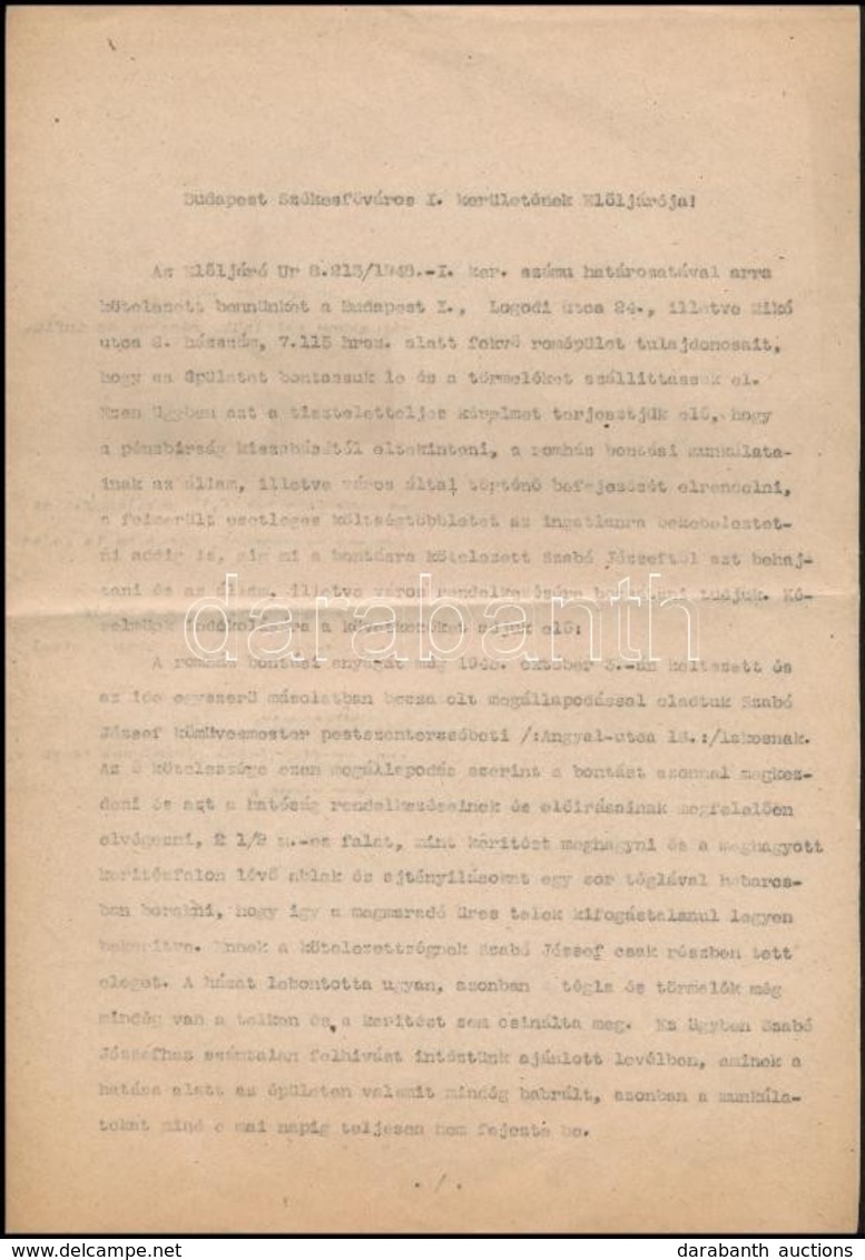 1945-1952 Márai Sándorral Kapcsolatos Két Irat. Egy Kérelem A Háborúban Bombatalálatot Kapott I. Mikó Utcai Lakóházának  - Non Classificati