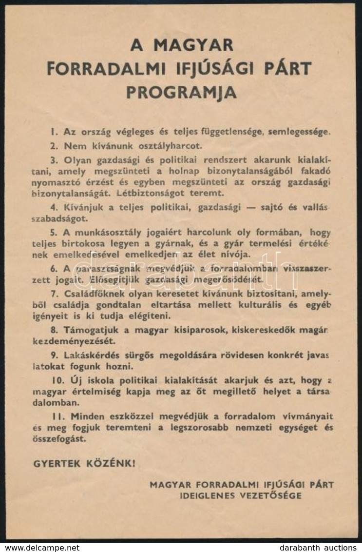 1956 Magyar Forradalmi Ifújsági Párt Programja, Röplap, 24x16 Cm - Non Classificati