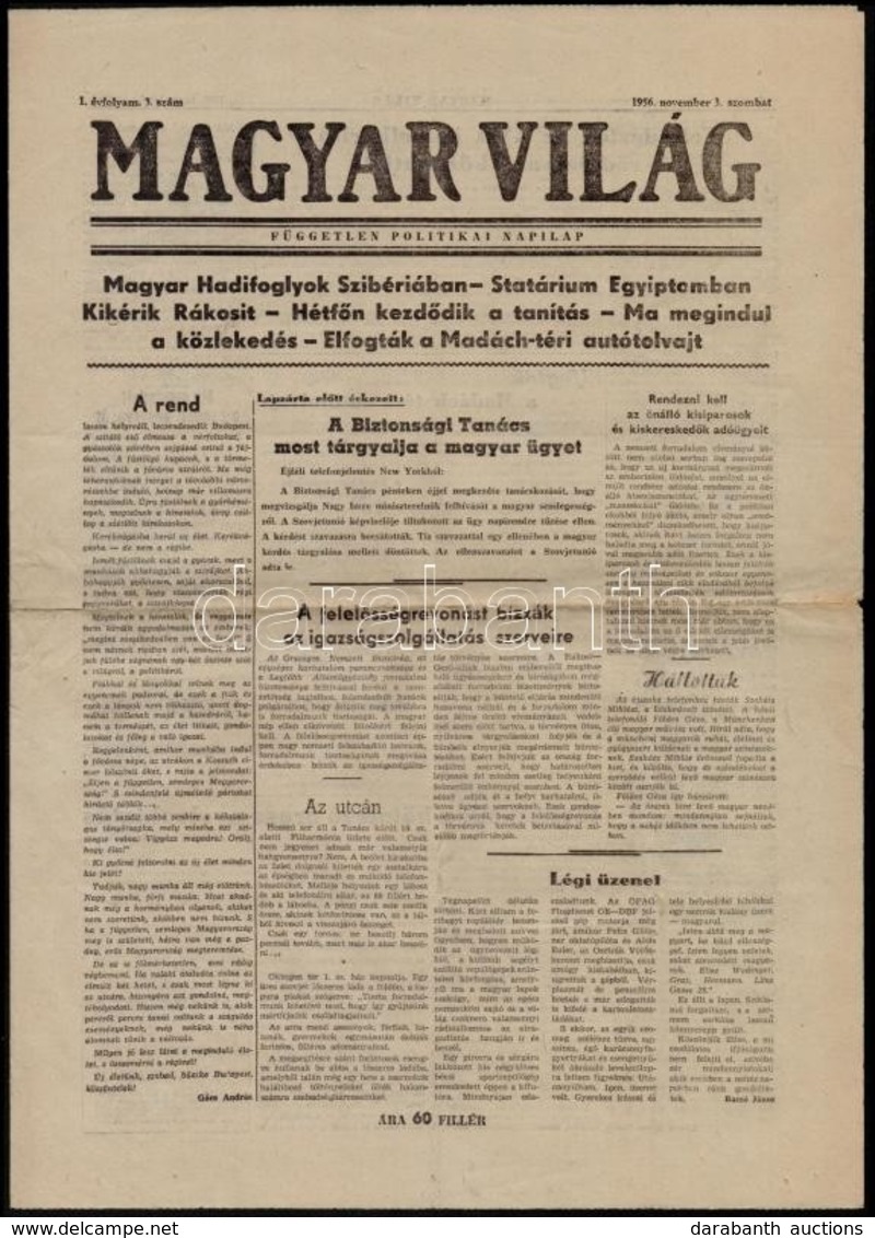 1956 Magyar Világ. I. évf. 3. Sz., 1956. November 3., Szerk.: Szolcsányi Ferenc, Bp., Egyetemi Nyomda, 4 P. - Non Classificati