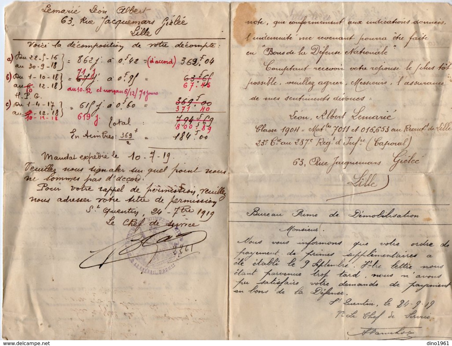 VP13.182- LILLE X SAINT QUENTIN 1919 - Lot De 2 Documents Concernant Le Caporal L. LEMARIE Au 287è Rgt D'Infanterie - Documenti