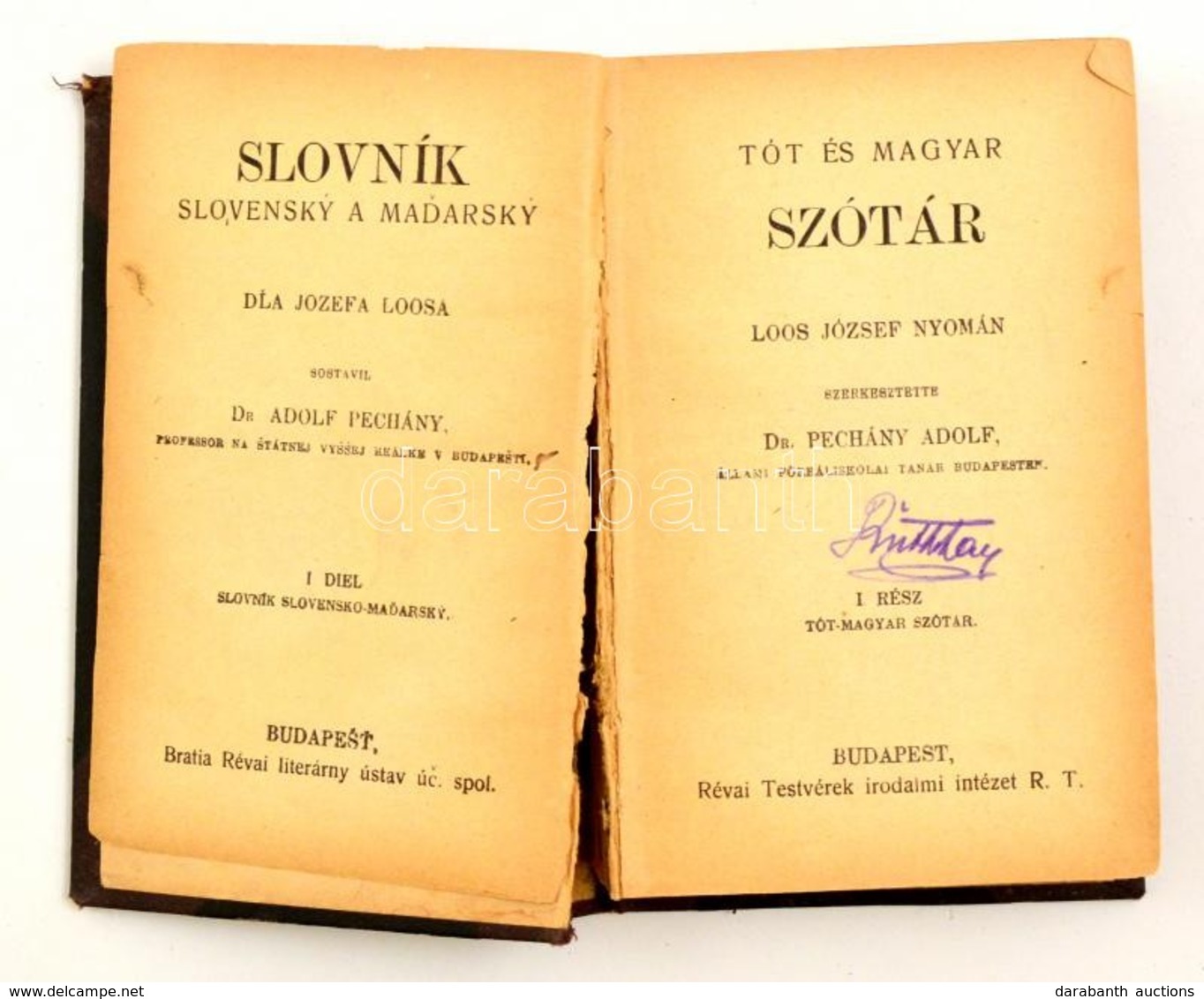 Dr. Pechány Adolf: Tót és Magyar Szótár. Bp., Révai. / Slovakian-Hungarian Dictionary. Laza Fűzésű Félvászon Kötésben. - Autres & Non Classés