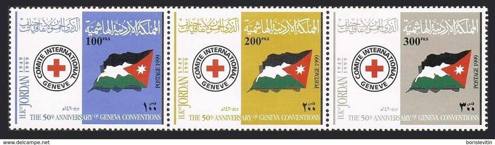 Jordan 1675 Ac Strip,MNH. Geneva Convention,50th Ann.2000.Red Cross,flag. - Jordan
