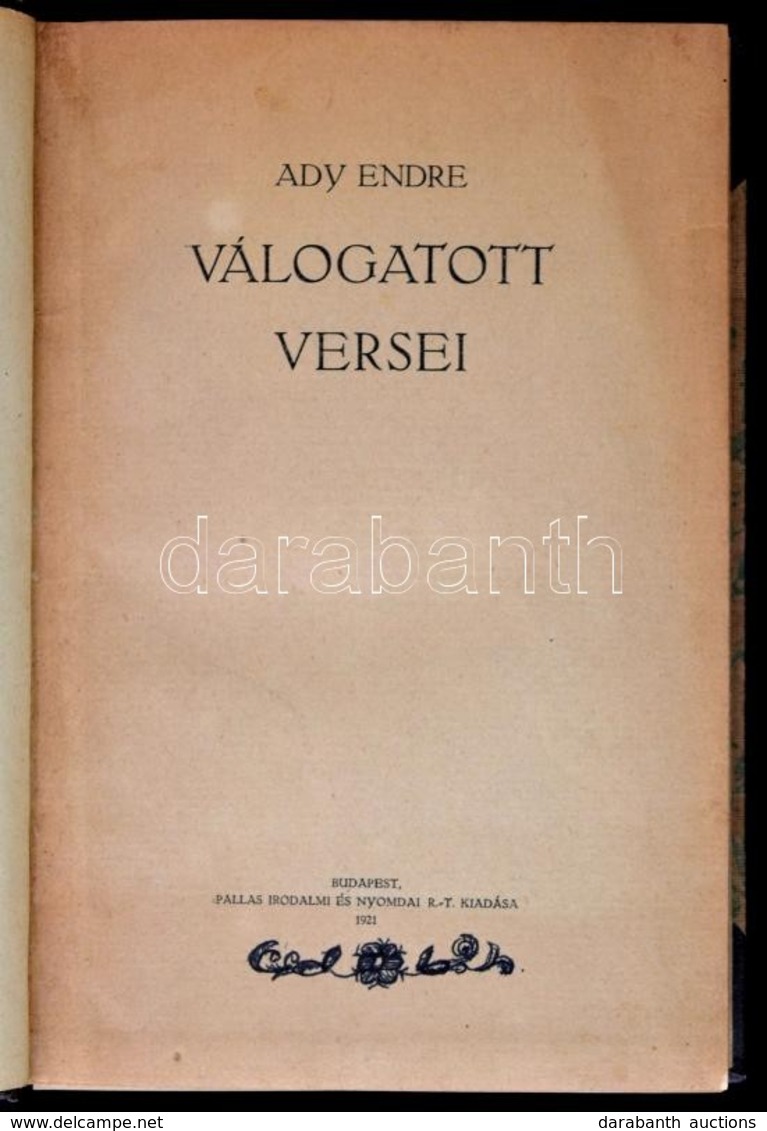 Ady Endre Válogatott Versei. Bp., 1921, Pallas. Félvászon Kötés, Kissé Kopottas állapotban. - Non Classés