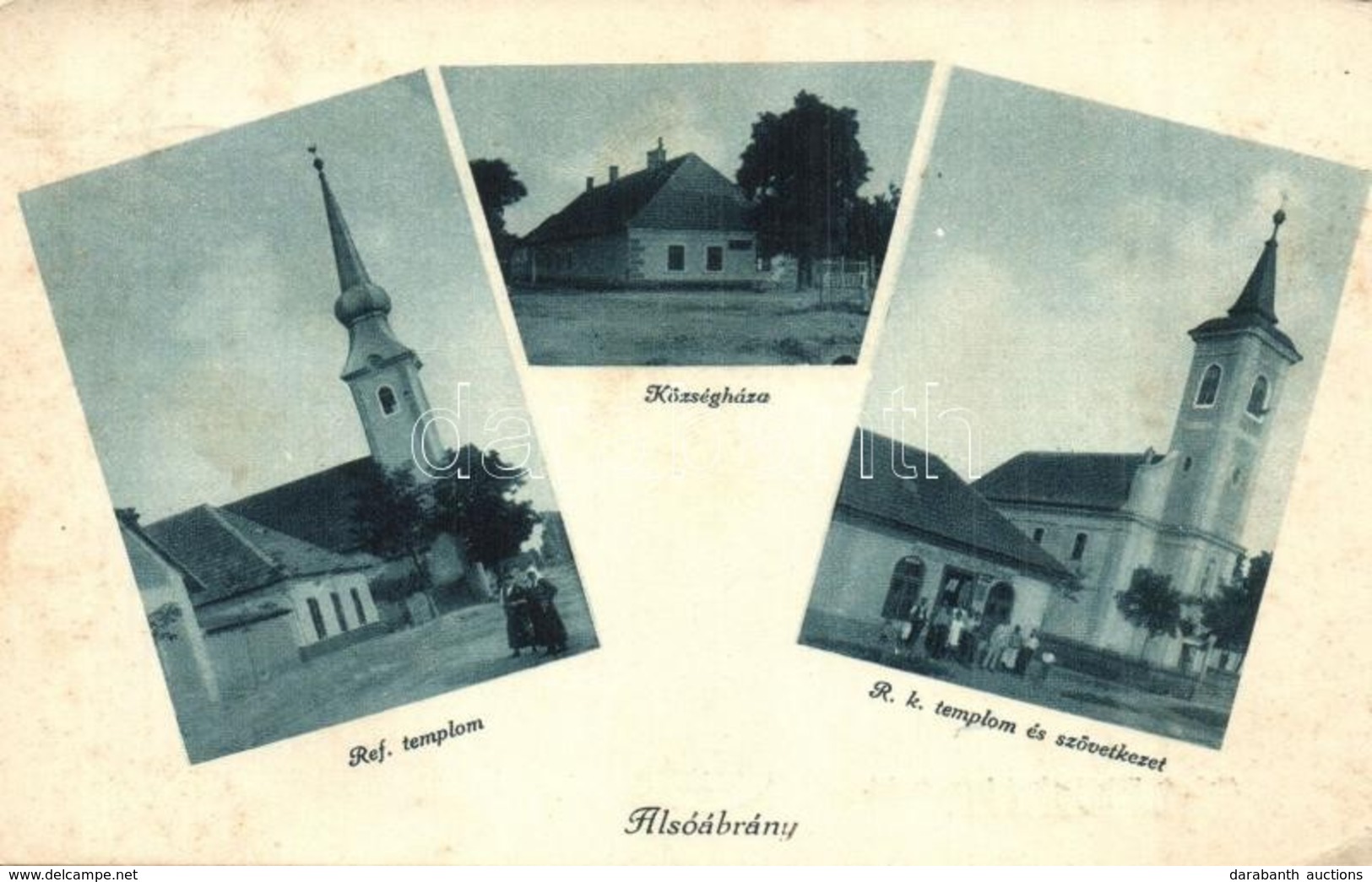 T2/T3 1928 Alsóábrány (Bükkábrány), Református Templom, Községháza, Római Katolikus Templom és A Szövetkezet üzlete. Als - Non Classificati