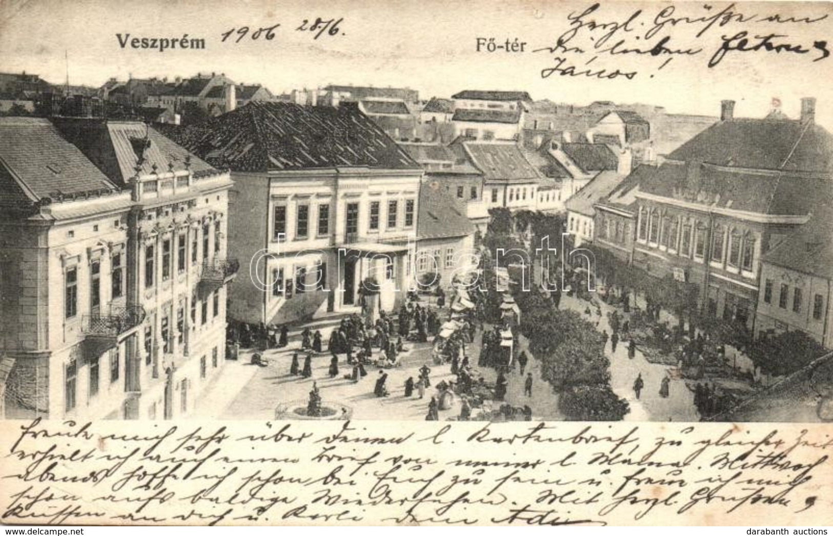 T4 1906 Veszprém, Fő Tér, Városháza, Piaci árusok, üzletek. Kiadja Krausz A. Fia 192. (apró Lyukak / Tiny Holes) - Non Classificati