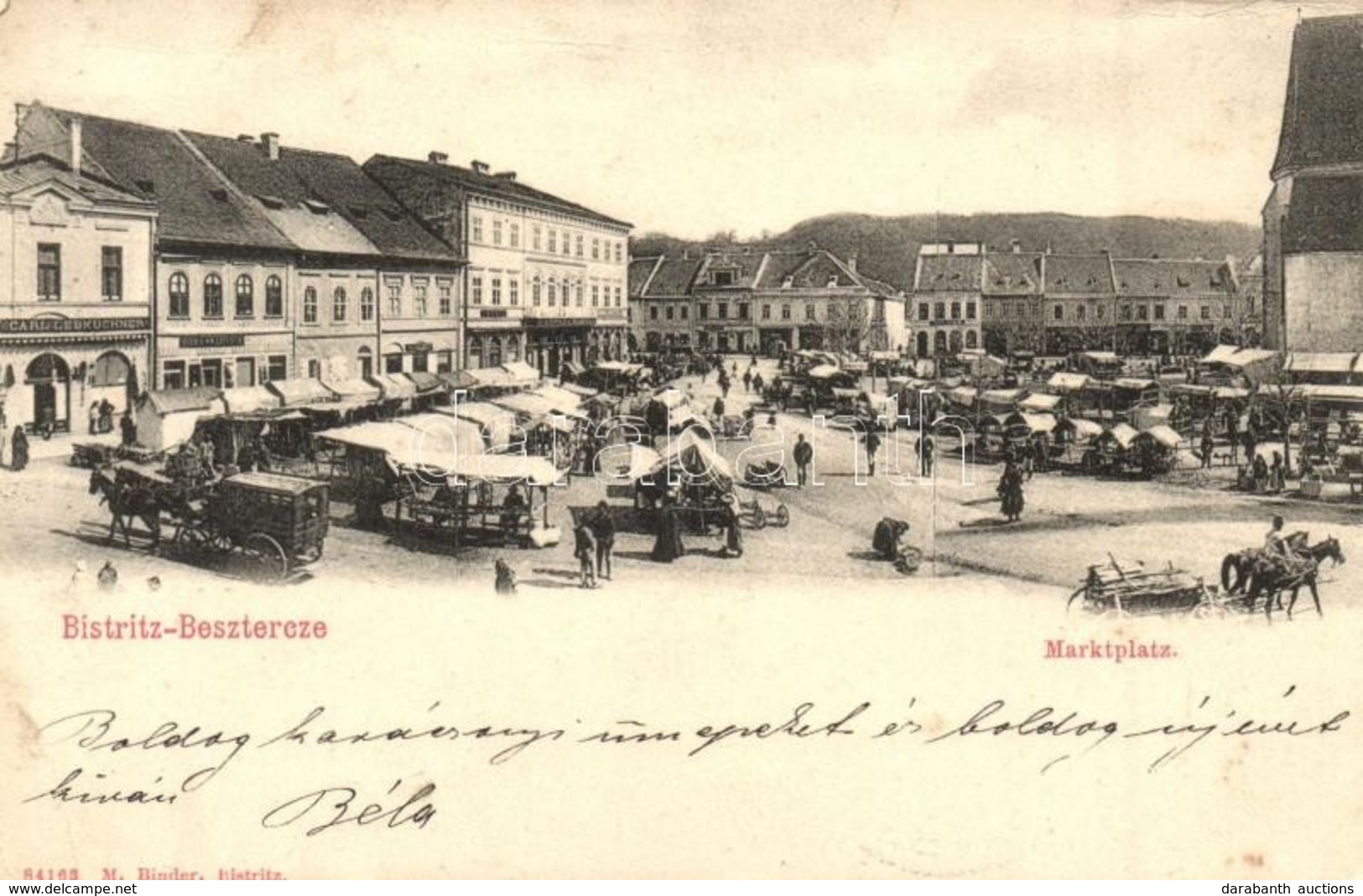 * T2/T3 1904 Beszterce, Bistritz, Bistrita; Marktplatz / Piac Tér, Carl Lebkuchner, Johann Lutsch, Geckner üzlete, Piaci - Non Classificati