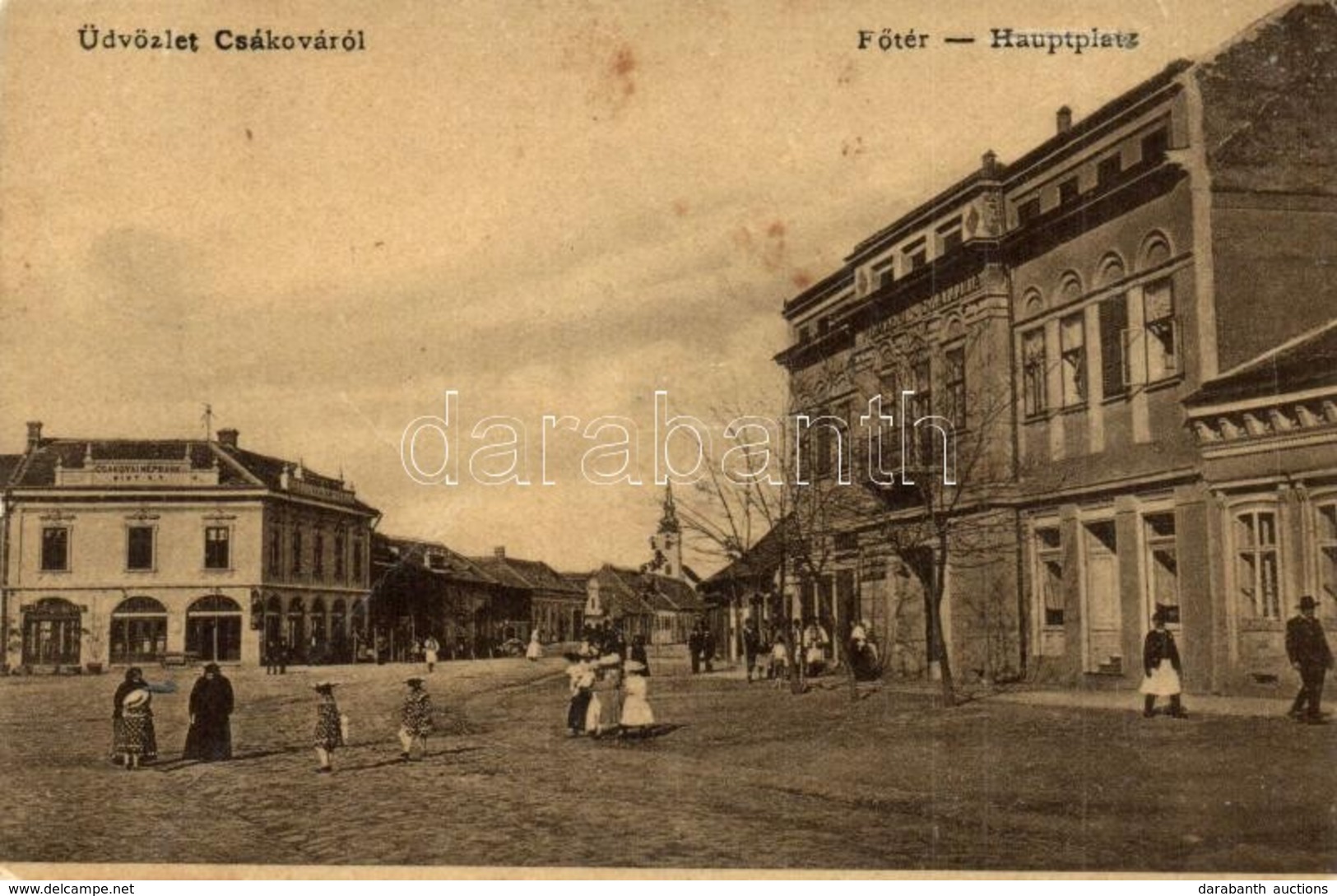 T2/T3 1909 Csák, Csákova, Ciacova; Fő Tér, Népbank Mint Rt., Nemzeti Szálloda. W.L. 1104. / Main Square, Bank, Hotel (fl - Unclassified