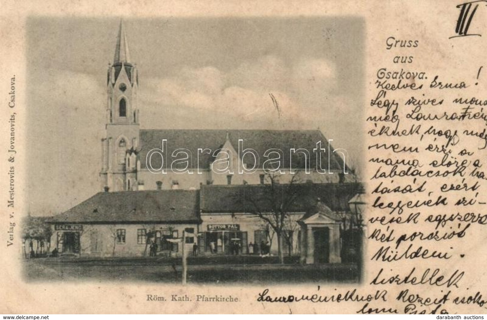 * T2/T3 1899 Csák, Csákova, Ciacova; Római Katolikus Templom, Bottos Pál, Sera Jenő üzletei / Church, Shops (EK) - Non Classificati