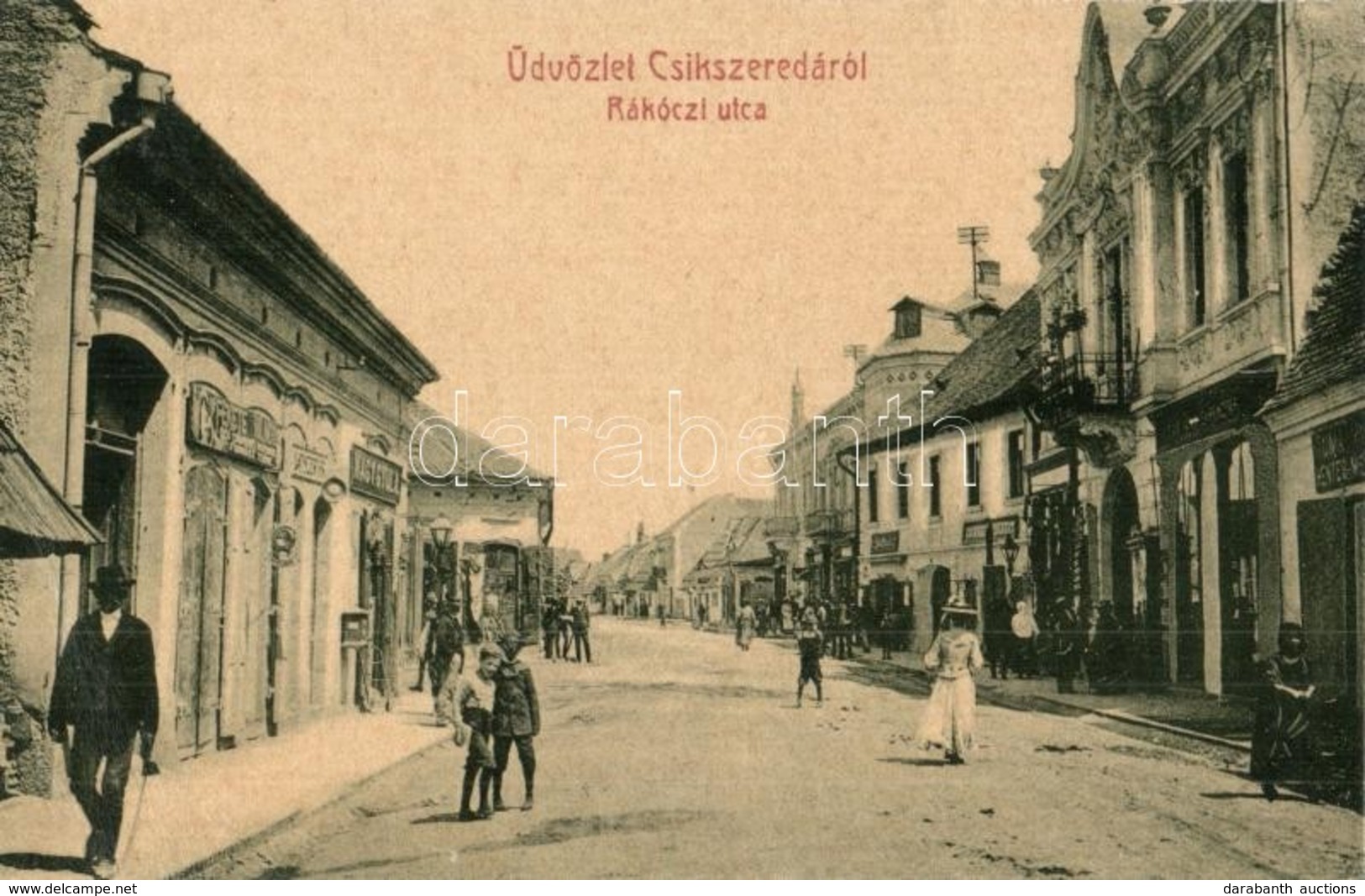 T2 Csíkszereda, Miercurea Ciuc; Rákóczi Utca, Fekete Vilmos, Nagy Gyula üzlete. W. L. (?) 1788. / Street View, Shops - Non Classificati