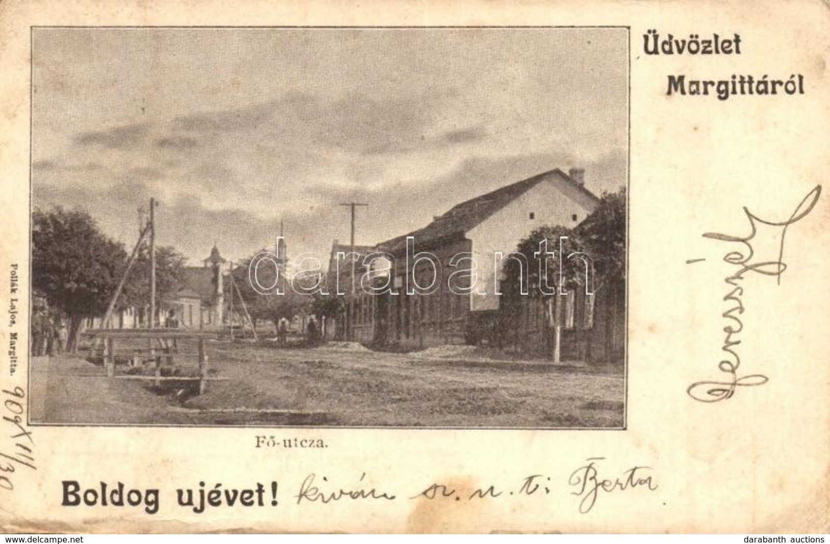 T3 1909 Margitta, Marghita; Fő Utca, Templomok. Kiadja Pollák Lajos; újévi üdvözlettel / Main Street, Churches; New Year - Non Classificati