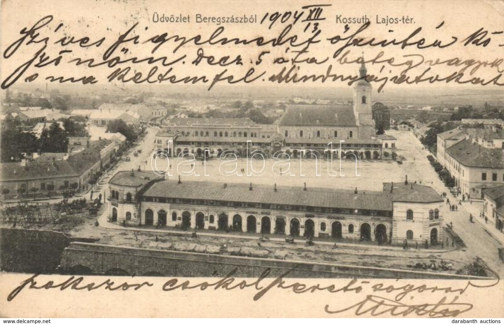 T2/T3 1904 Beregszász, Berehove; Kossuth Lajos Tér, Mártonyi Ödön, Meisels Áron üzlete, Zsinagóga, Piac. Kiadja Auer K.  - Non Classés