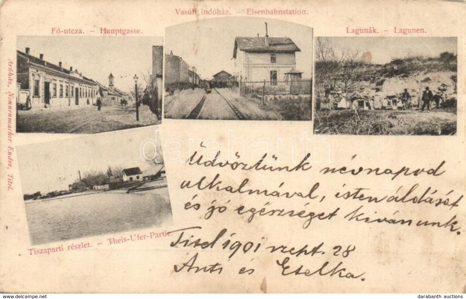 * T2/T3 1901 Titel, Fő Utca, Vasútállomás, Lagúnák, Tisza Part. Nonnenmacher Endre Kiadás / Main Street, Railway Station - Non Classificati