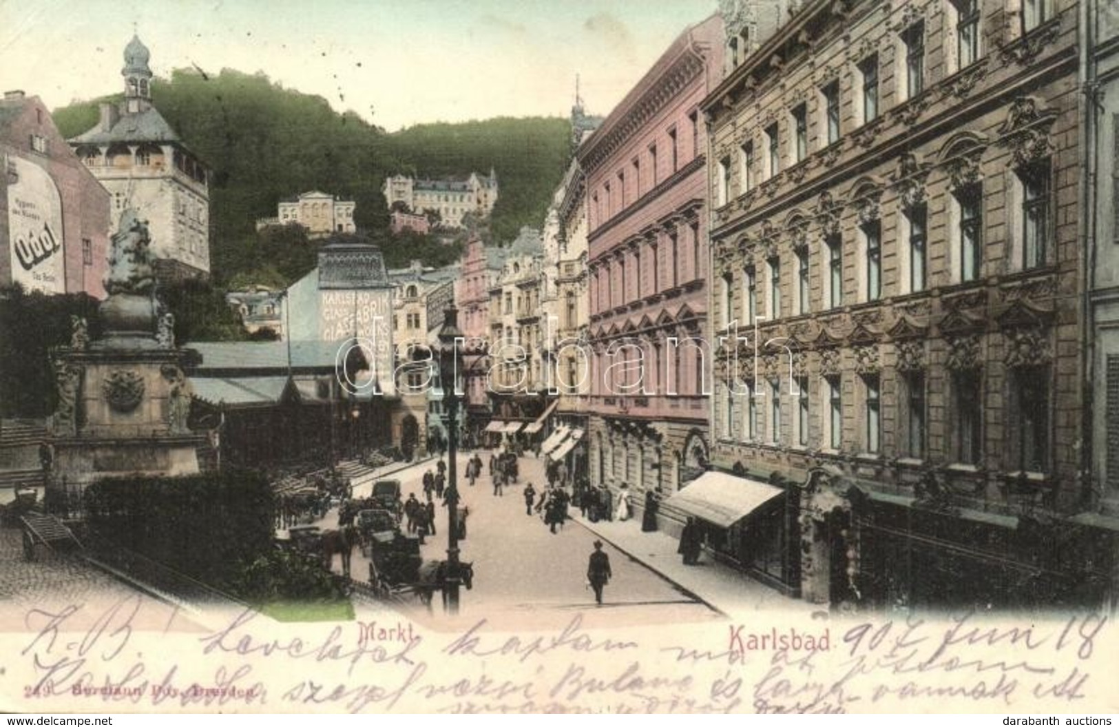T2/T3 1907 Karlovy Vary, Karlsbad; Markt, Glasfabrik / Market Square, Glass Works Advertisement On The Wall Of A House.  - Non Classés