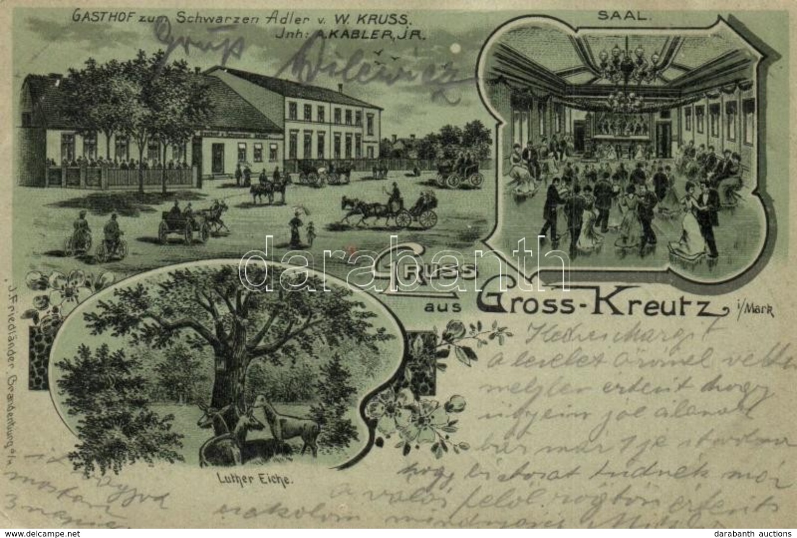 * T4 1903 Gross Kreutz, Groß Kreutz (Havel); Gasthof Zum Schwarzen Adler V. W. Kruss, Saal, Luthereiche / W. Kruss' Inn, - Non Classificati
