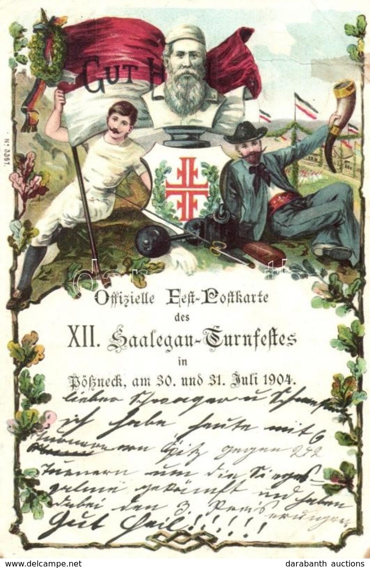 T3 1904 Offizielle Fest-Postkarte Des XII. Saalegau-Turnfestes In Pössneck / 12th Gymnastics Festival In Pössneck. Adver - Non Classés