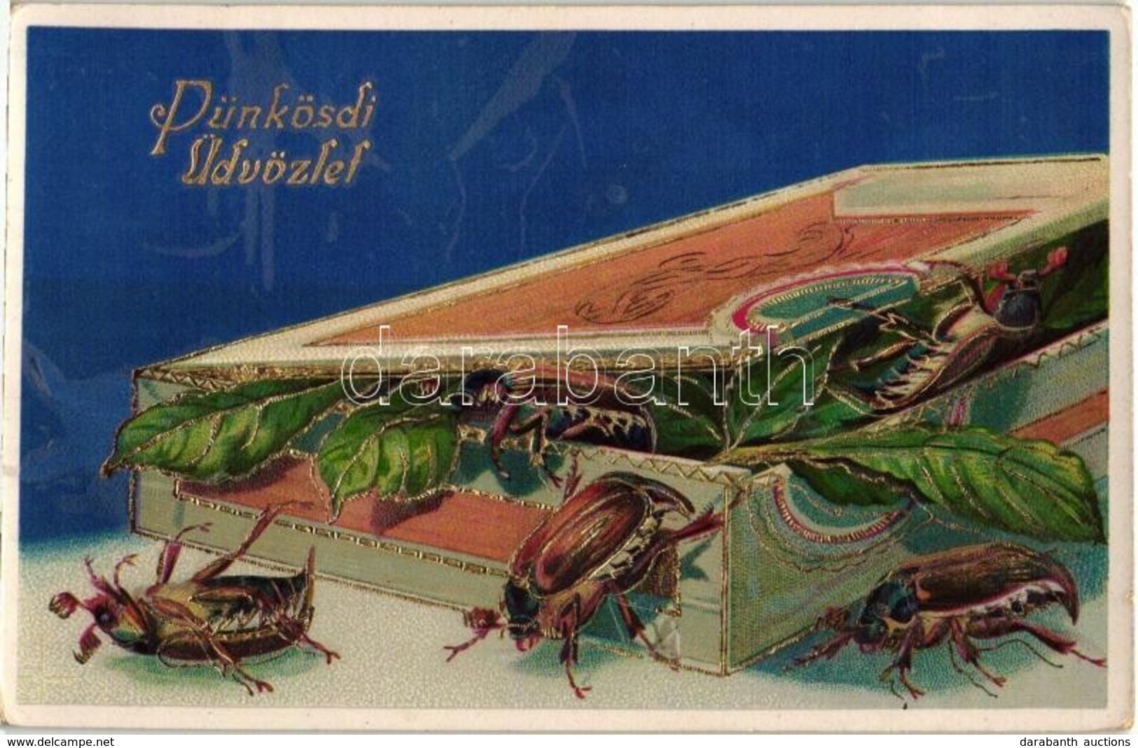 T2 Pünkösdi üdvözlet / Pentecost Greeting Art Postcard With May Bugs (Cockchafer). Golden Decorated Litho - Non Classificati