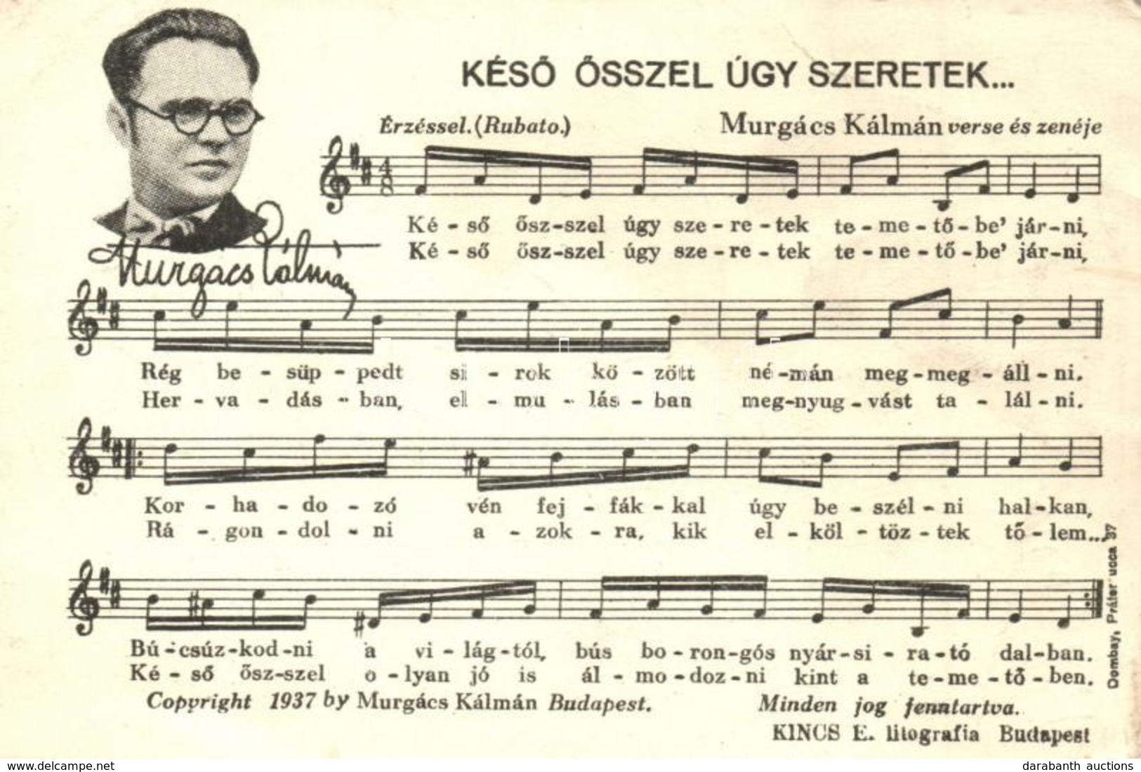 T2/T3 Késő ősszel úgy Szeretek... Murgács Kálmán Verse és Zenéje. Kottás Lap / Hungarian Music Sheet '1961 Állami Népieg - Non Classificati