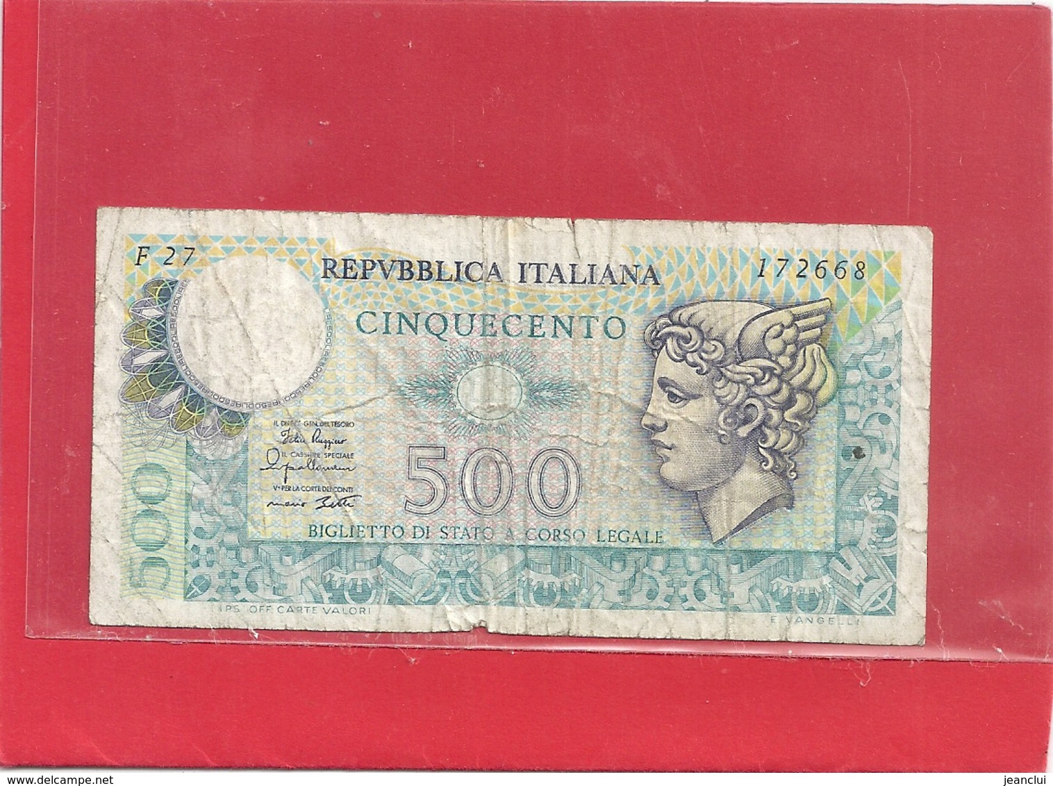 REPUBBLICA ITALIANA . BIGLIETTO DI STATO . 500 LIRE . N° 172668 . SERIE N° F27 . 2 SCANES - 50 Lire