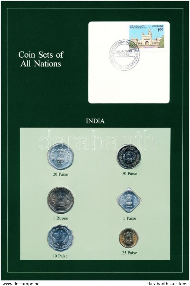 India 1974-1986 5p-1R (6xklf), 'Coin Sets Of All Nations' Forgalmi Szett Felbélyegzett Kartonlapon T:1 
India 1974-1986. - Non Classés