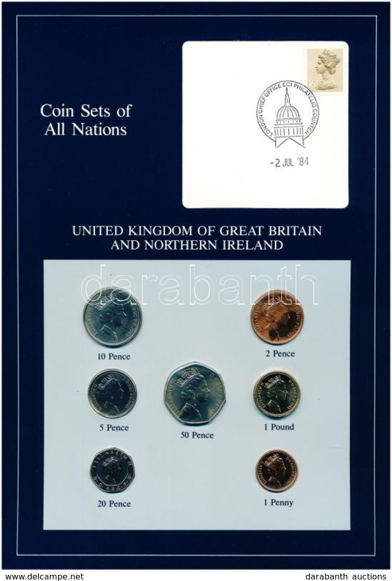 Nagy-Britannia 1985. 1p-1P (7xklf), 'Coin Sets Of All Nations' Forgalmi Szett Felbélyegzett Kartonlapon T:1 
Great Brita - Non Classificati