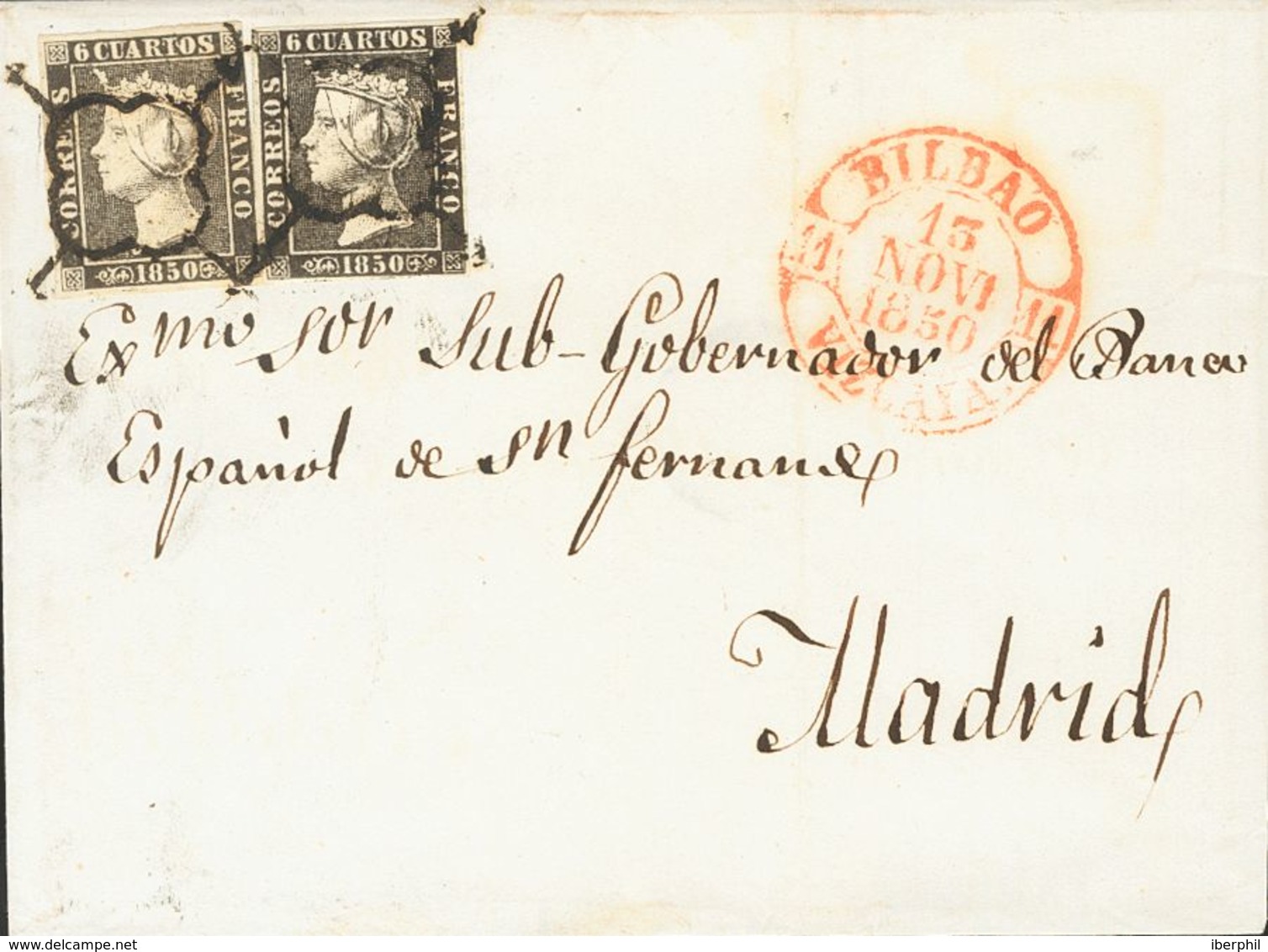 Sobre 1A(2). 1850. 6 Cuartos Negro, Pareja. BILBAO A MADRID. MAGNIFICA E INUSUAL CARTA DE DOBLE PORTE, MUY ESPECTACULAR. - Sonstige & Ohne Zuordnung