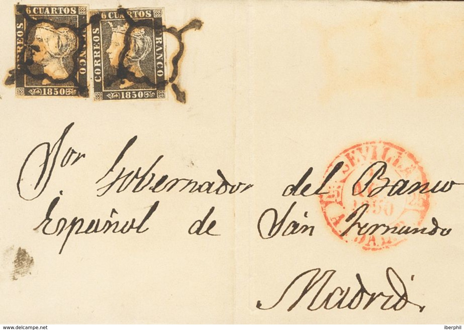 Sobre 1A(2). 1850. 6 Cuartos Negro, Pareja. SEVILLA A MADRID. MAGNIFICA E INUSUAL CARTA DE DOBLE PORTE, MUY ESPECTACULAR - Altri & Non Classificati