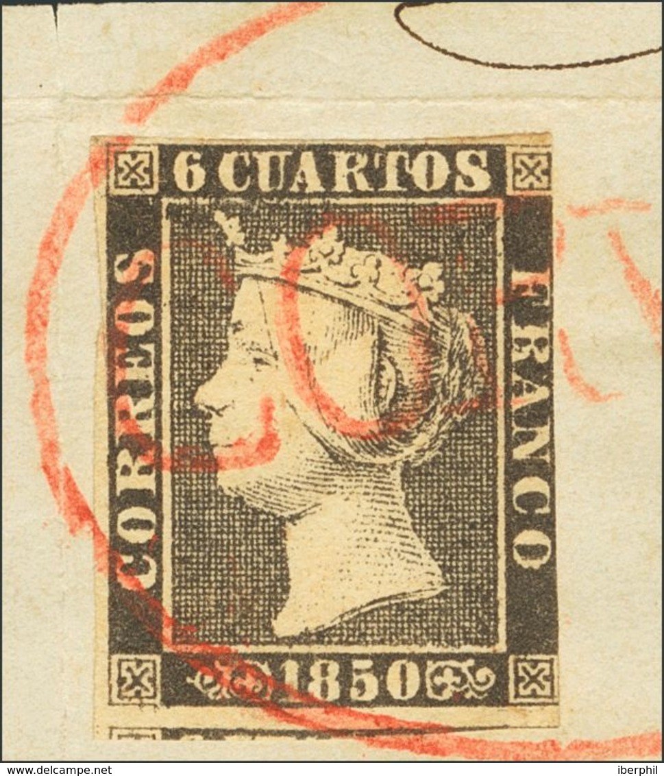 Fragmento 1A. 1850. 6 Cuartos Negro, Sobre Fragmento. Matasello Prefilatélico CORVERA, En Rojo. MAGNIFICO Y RARO. Cert.  - Otros & Sin Clasificación